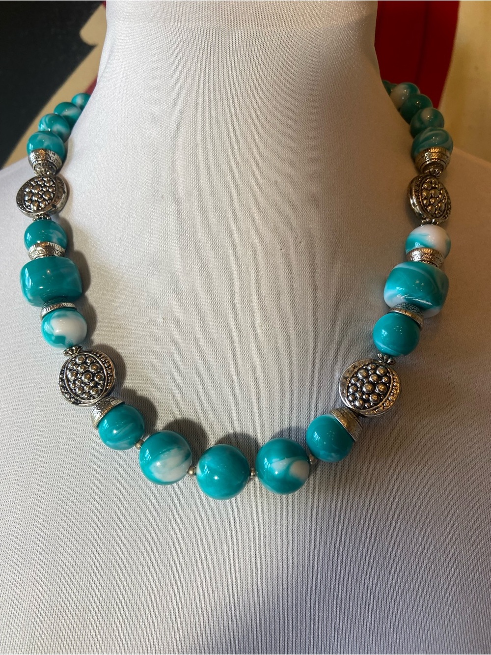 Turquoise Bead and Silver Accent Necklace - Women Jewelry
